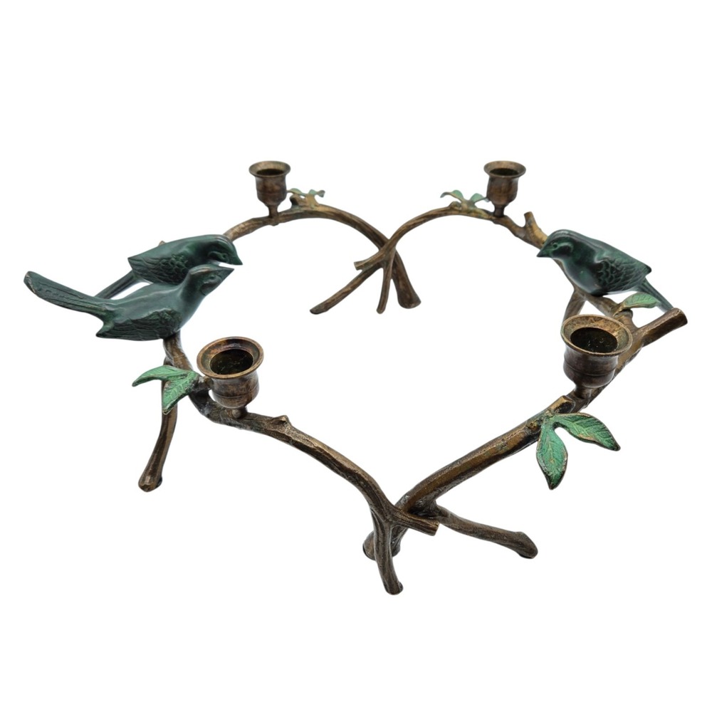 VTG Rubbed Brass Bronze Bird Tree Branch Figural Candelabra Candle Holder 2 Pcs